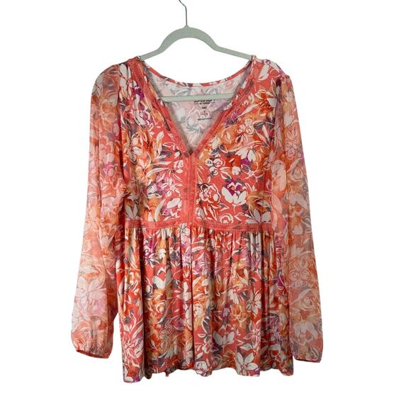Torrid Super Soft Knit Orange Floral Babydoll Blouse Balloon Sleeve Womens 2x - Picture 1 of 7